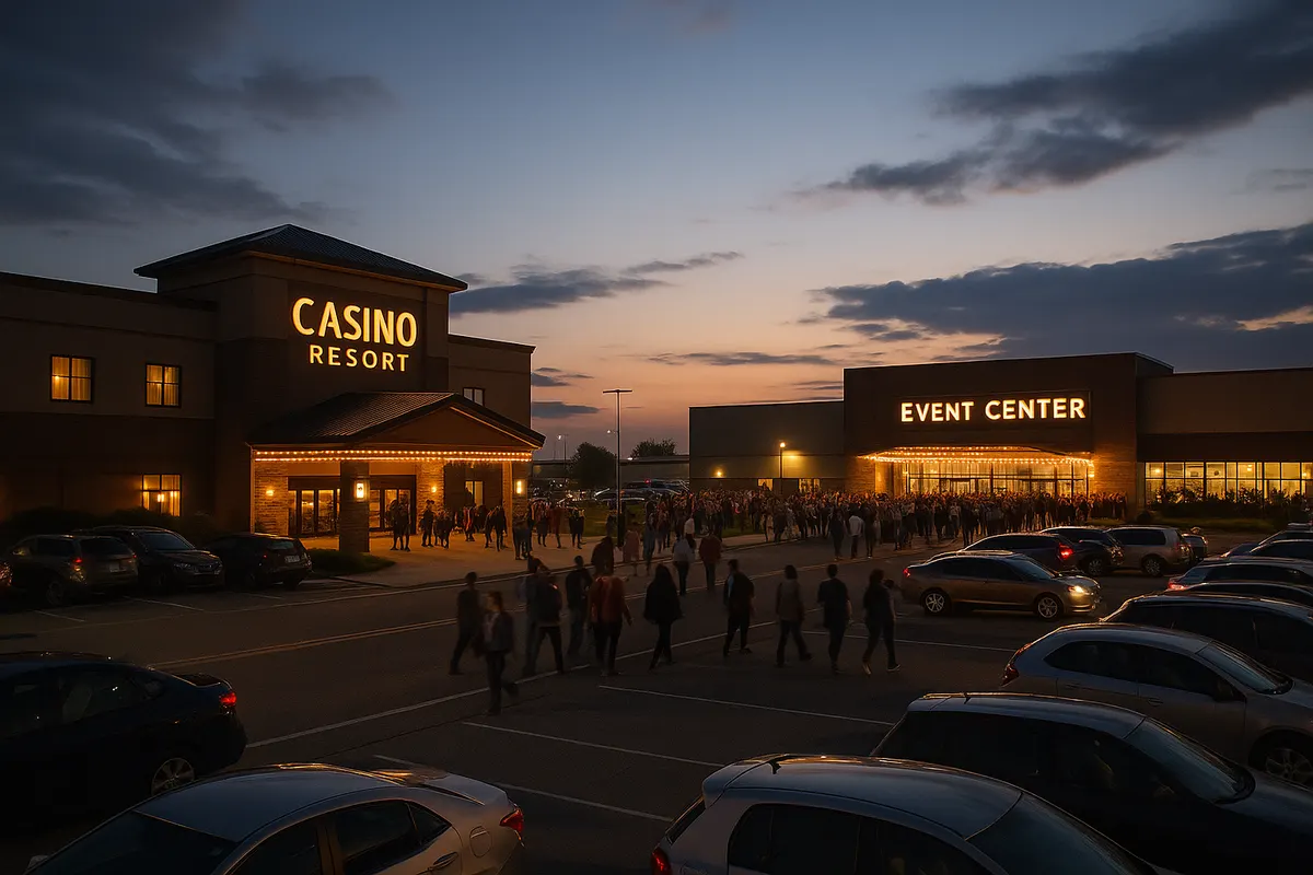 Busy casino resort car park at dusk with crowds heading to a nearby event venue