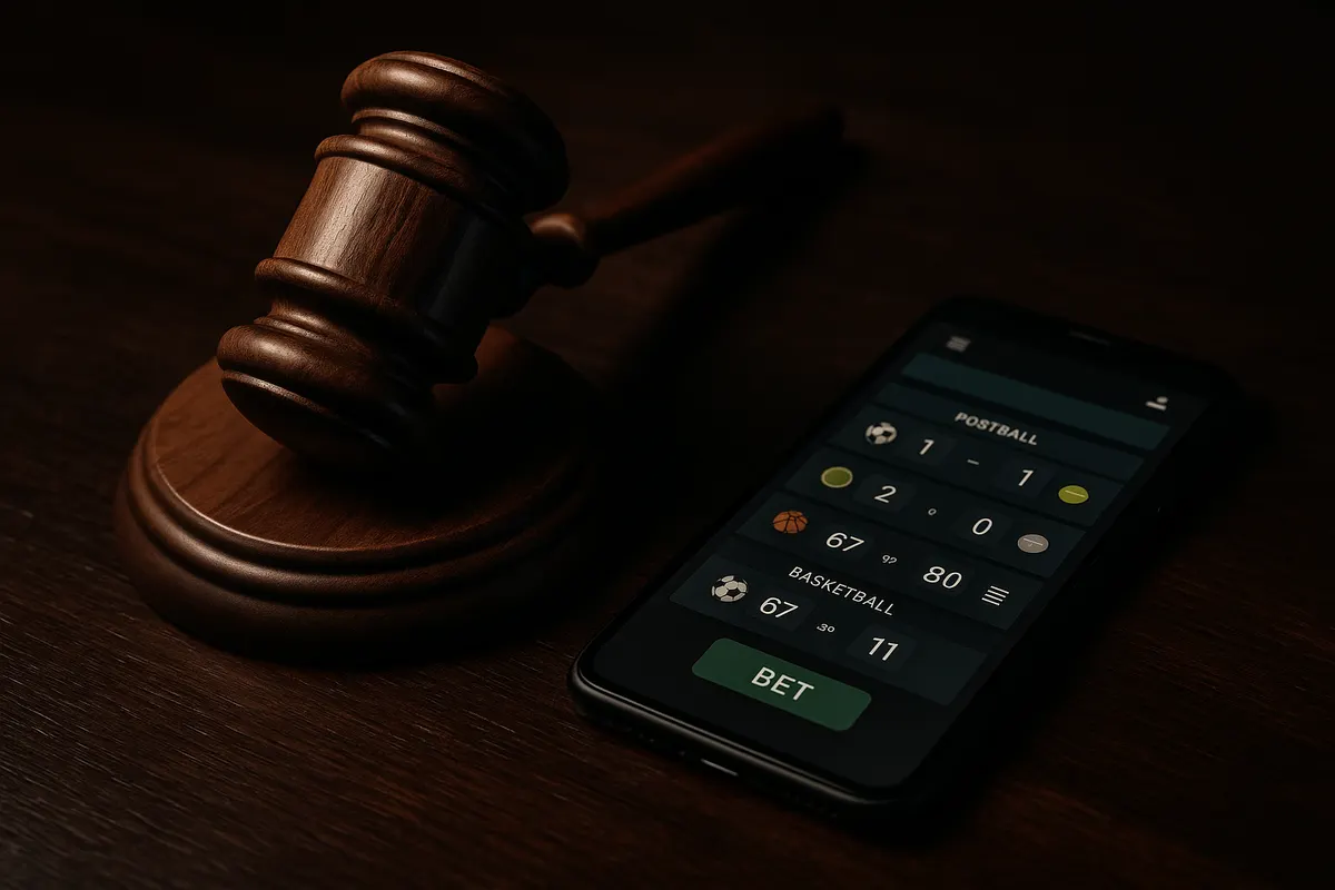 Gavel next to a smartphone displaying a betting app, illustrating illegal online betting laws