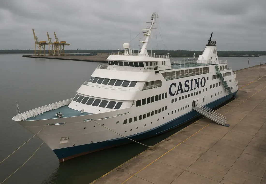 Casino cruise ship docked and out of service at a port terminal