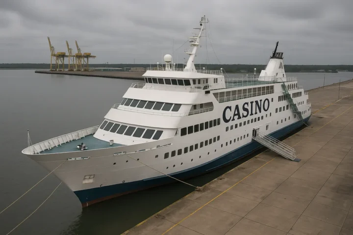 Casino cruise ship docked and out of service at a port terminal