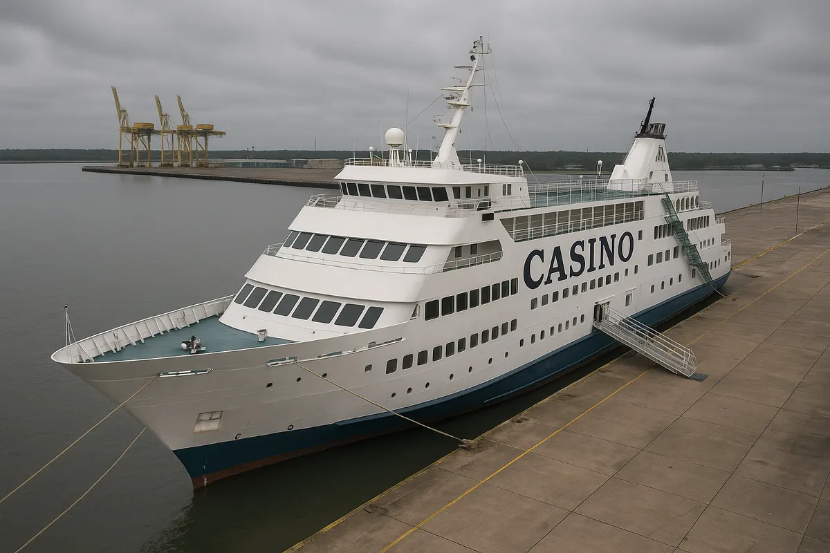 Casino cruise ship docked and out of service at a port terminal