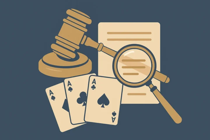 Gavel and magnifying glass over a casino licence document, illustrating gaming regulation and oversight