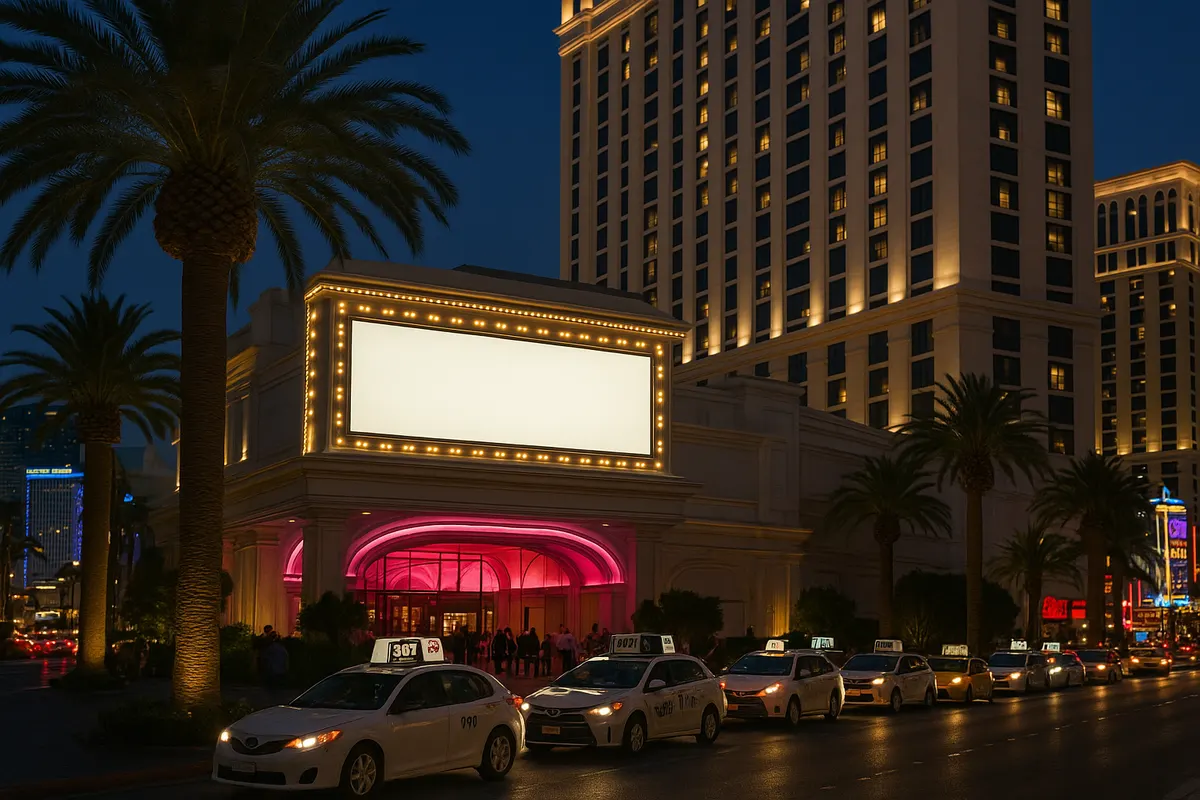 Illuminated Las Vegas casino hotel entrance at dusk with a blank marquee above the doors