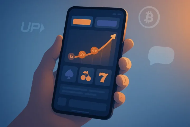 Smartphone showing a casino lobby with a rising crash-game multiplier and payment icons