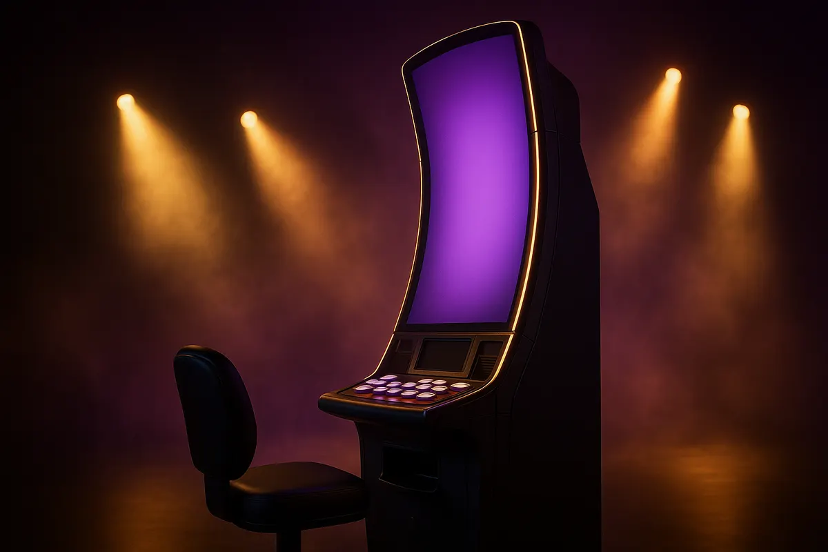 Tall curved-screen slot cabinet lit in purple and gold stage lighting on a casino floor