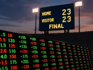 Sportsbook odds board showing NFL point spreads beside a stadium scoreboard