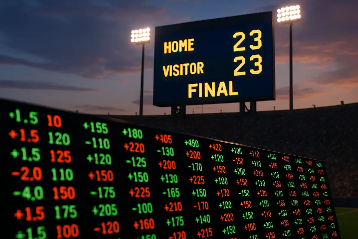 Sportsbook odds board showing NFL point spreads beside a stadium scoreboard