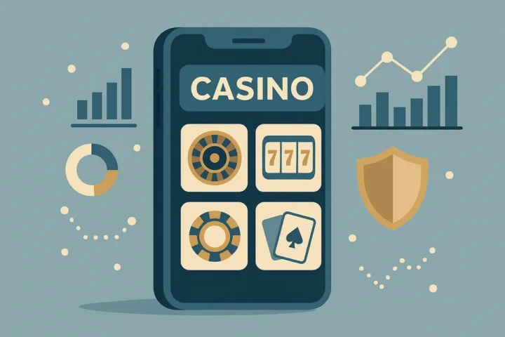 Smartphone casino lobby surrounded by abstract player data charts and a privacy shield icon