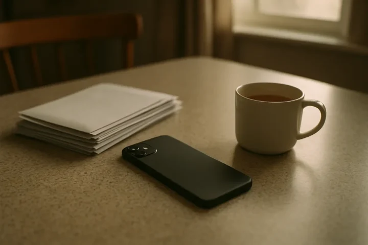 Phone face down on a table next to unopened bank statements, suggesting hidden gambling losses