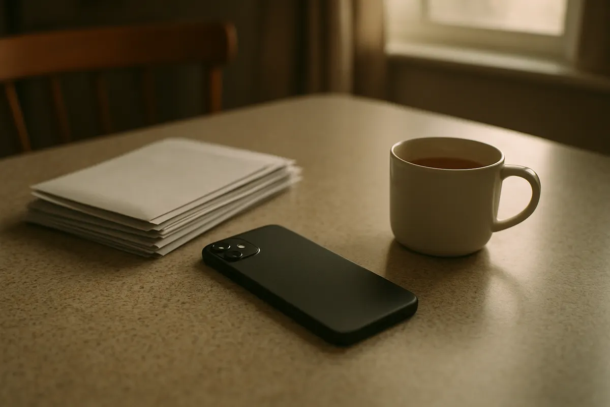 Phone face down on a table next to unopened bank statements, suggesting hidden gambling losses