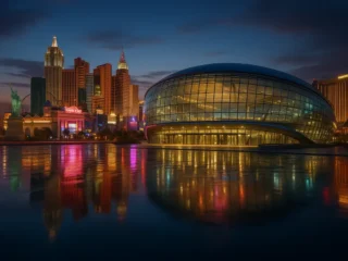 Concept image of a modern arena against the Las Vegas Strip skyline at dusk