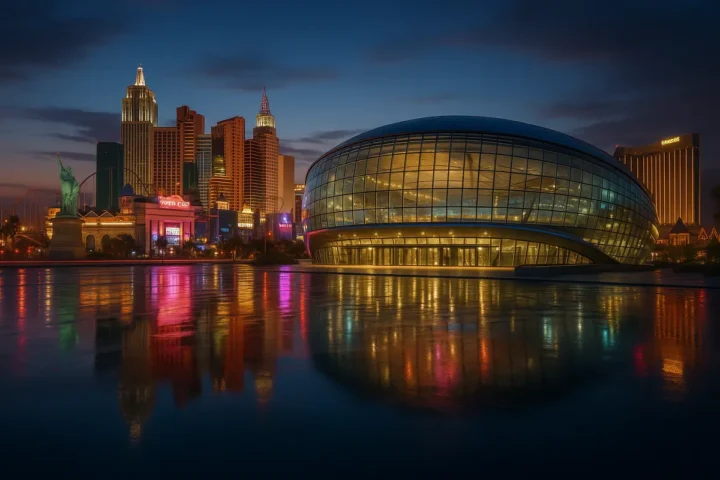 Concept image of a modern arena against the Las Vegas Strip skyline at dusk