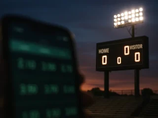 Opening night stadium scoreboard with betting odds displayed on a phone in the foreground