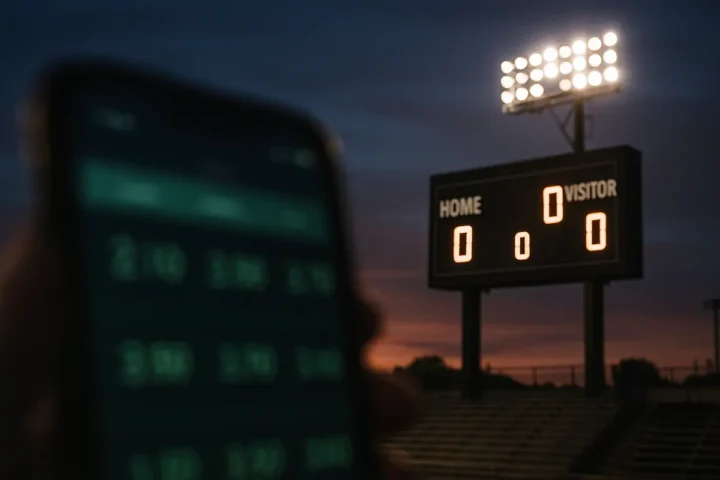 Opening night stadium scoreboard with betting odds displayed on a phone in the foreground
