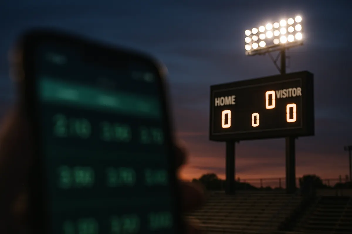Opening night stadium scoreboard with betting odds displayed on a phone in the foreground