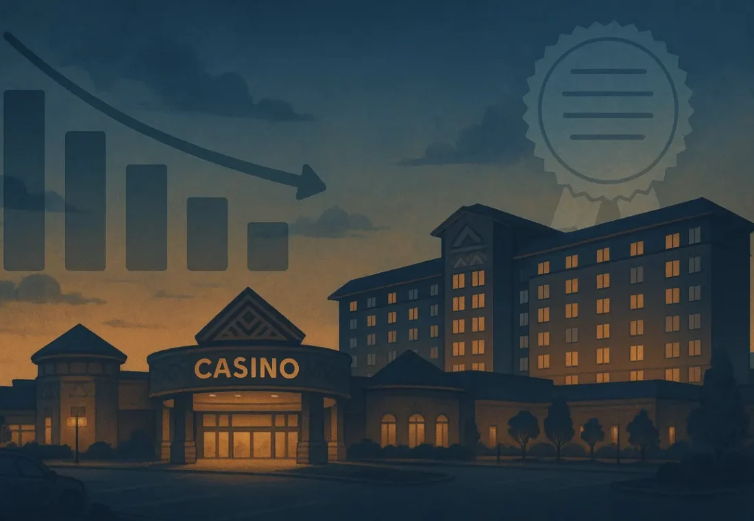 Michigan tribal casino at dusk with a declining revenue chart overlay