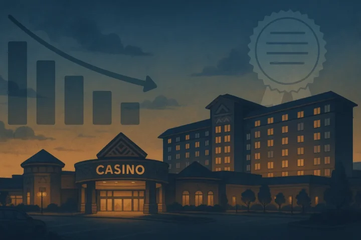 Michigan tribal casino at dusk with a declining revenue chart overlay