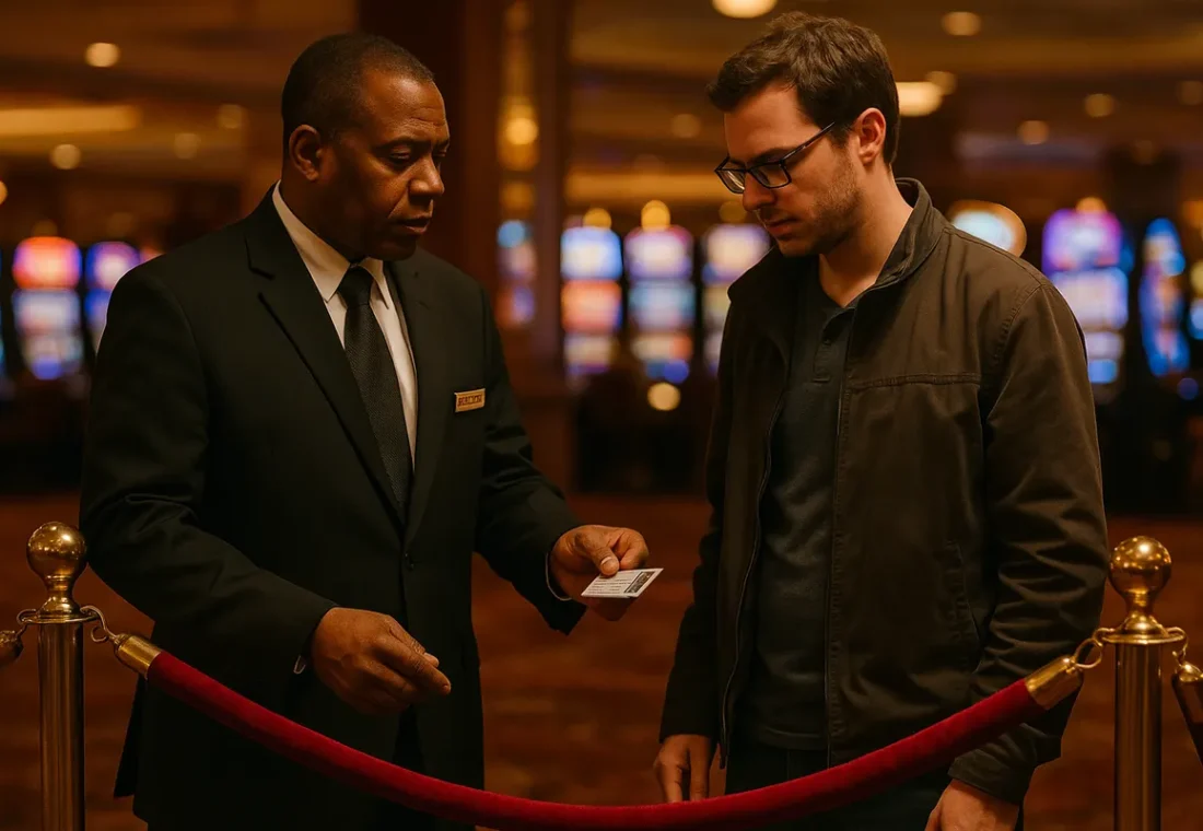 Casino security checking identification at the entrance to a gaming floor