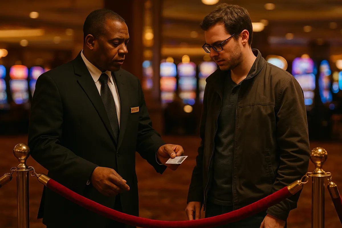 Casino security checking identification at the entrance to a gaming floor