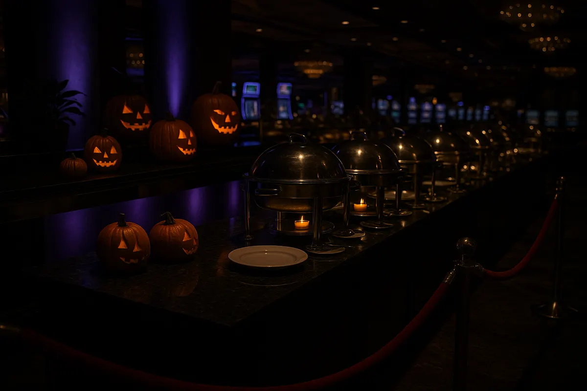 Moody Halloween-decorated Las Vegas casino buffet with pumpkins and purple lighting